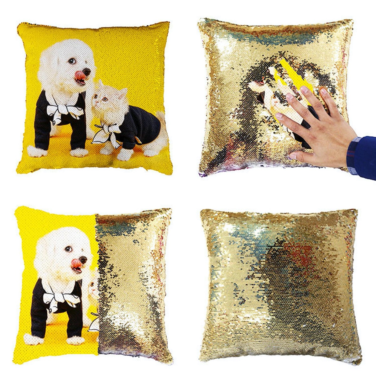 pillow with gold sequins revealing a small white dog