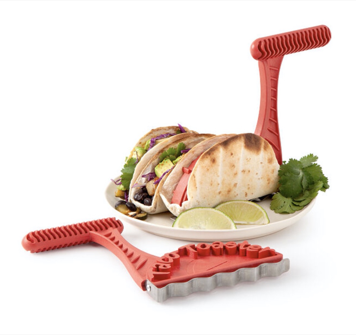 tacos on white plate with red handle attached