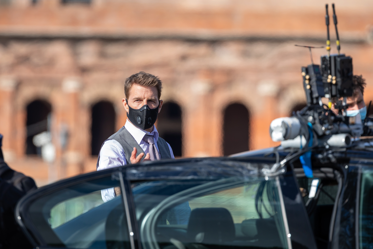Actor Tom Cruise wears mask while on set of the new action movie "Mission Impossible 7".