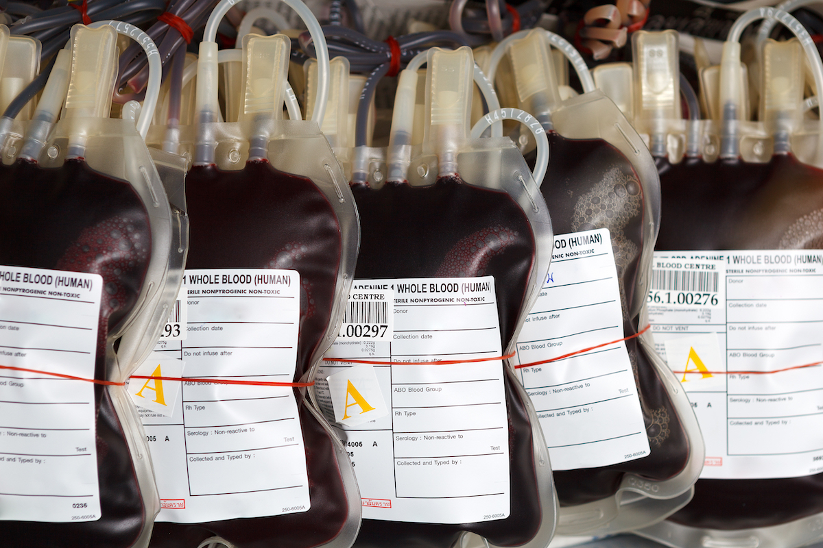 blood donation bags show blood type A