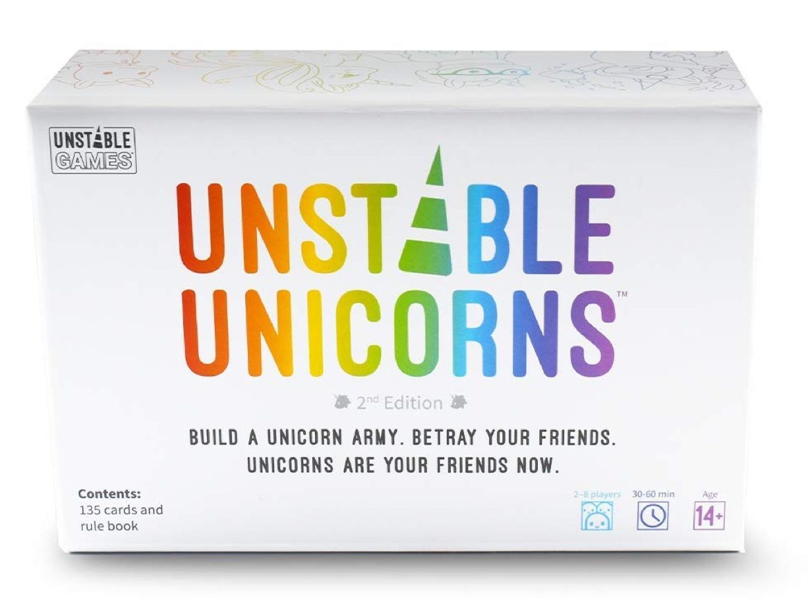 white box reading "unstable unicorns" in rainbow letters