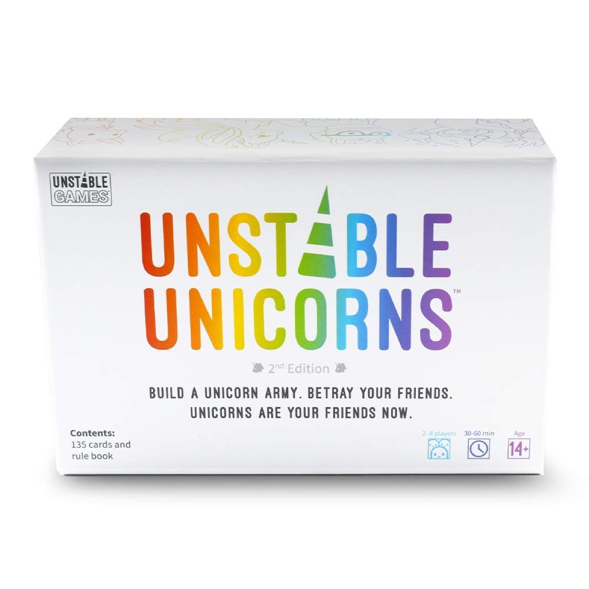 white box reading "unstable unicorns" in rainbow letters