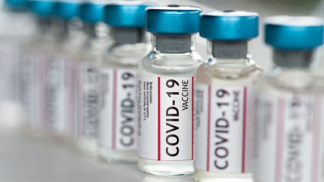 Vials of COVID-19 vaccine sitting in a row.