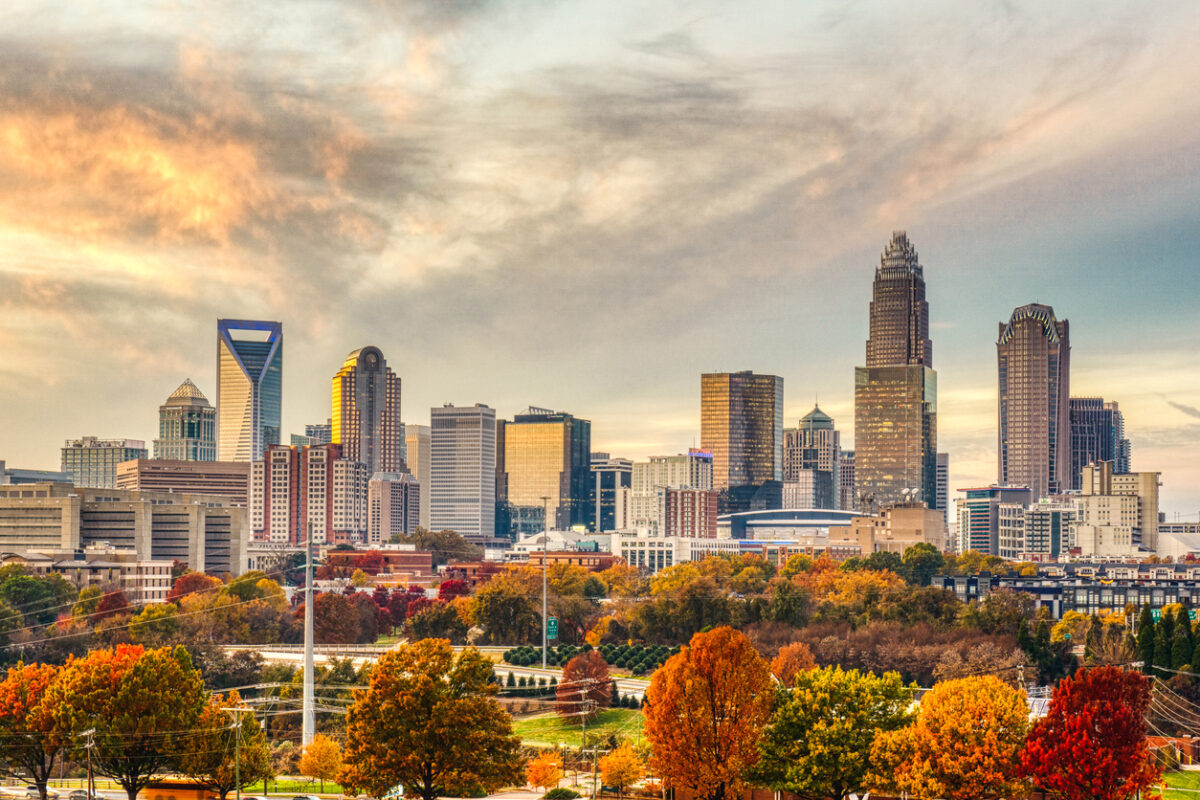 The skyline of Charlotte, North Carolina with fall foliage in the foreground
