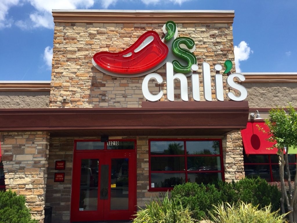 the entrance and sign of a Chili's restaurant in Jacksonville, Florida