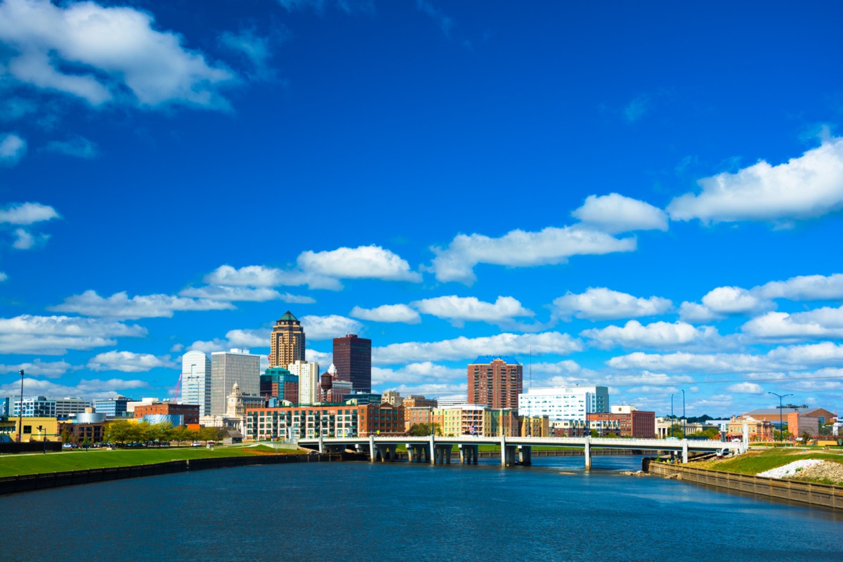 city skyline and Parkway bridge in downtown Des Moines, Iowa