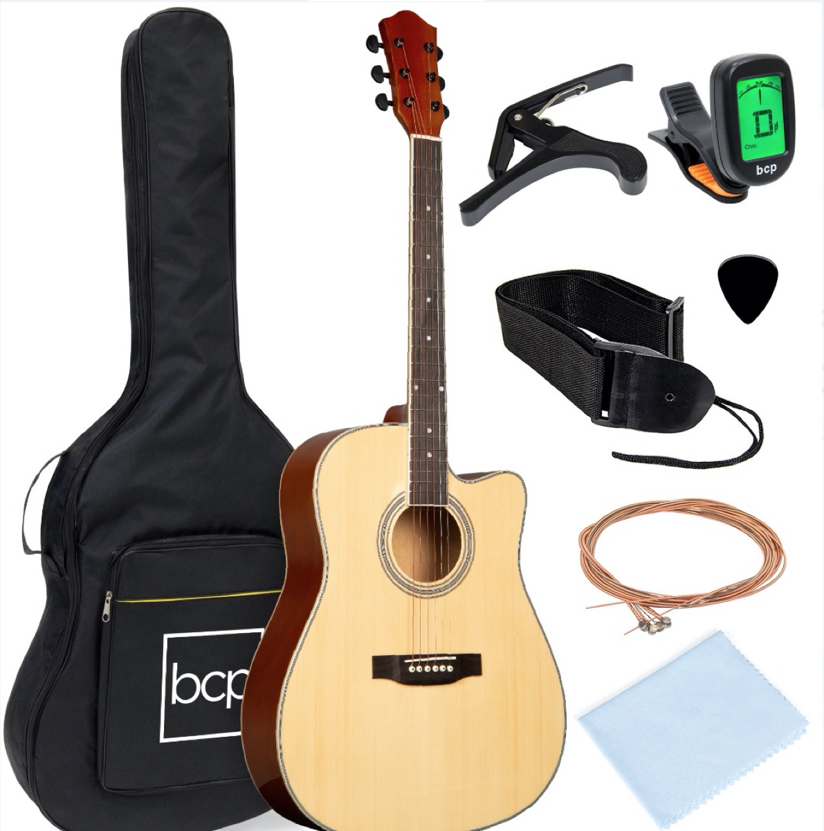 guitar kit with capo, tuner, strings, and case