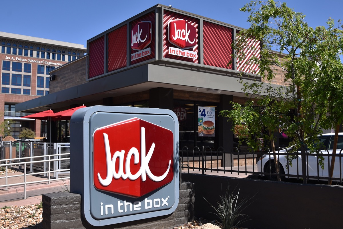A sign for and exterior of Jack in the Box restaurant in Temple, Arizona