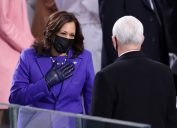 Vice President-elect Kamala Harris greets Vice President Mike Pence as she arrives to the inauguration of U.S. President-elect Joe Biden on the West Front of the U.S. Capitol on January 20, 2021 in Washington, DC.