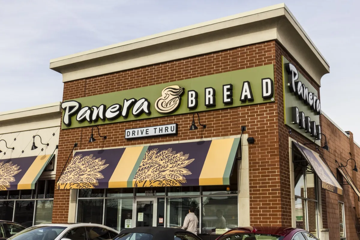 the exterior of a Panera Brea restaurant in Indianapolis, Indiana