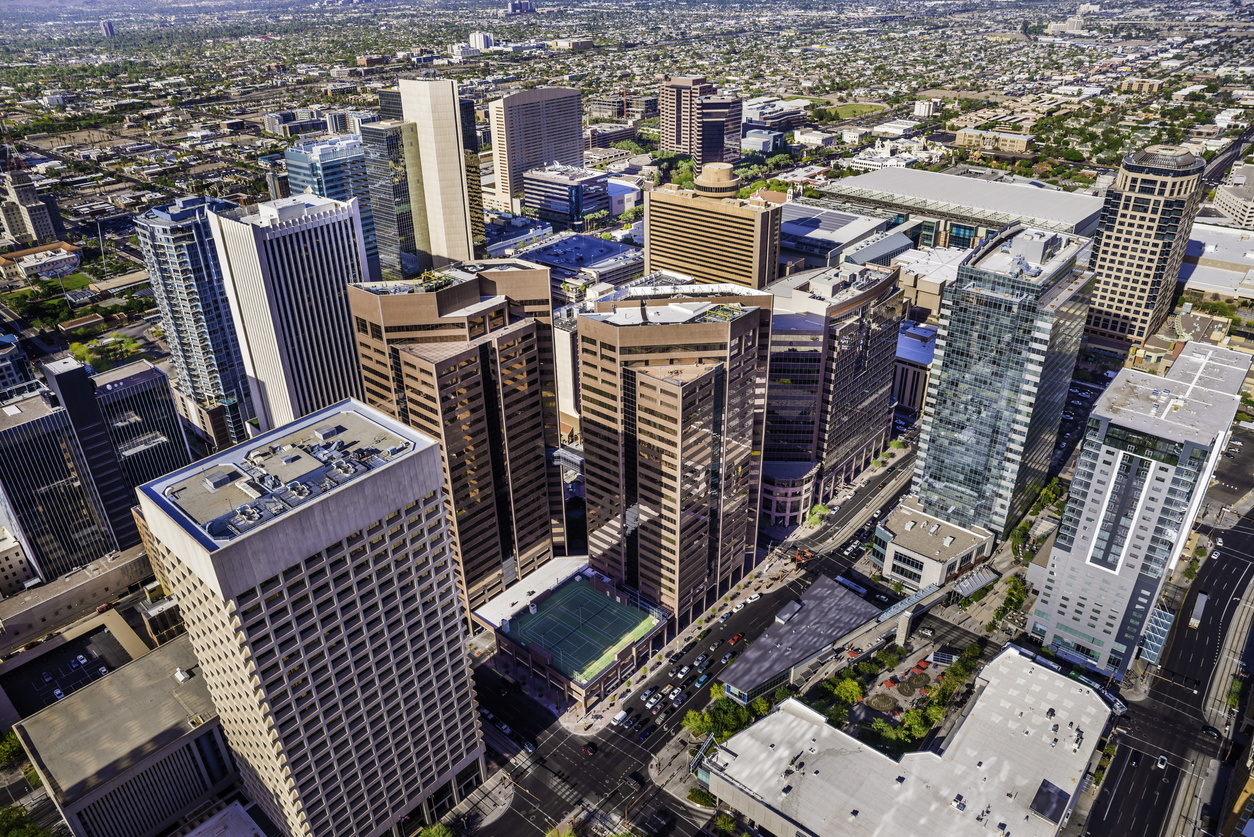 An aerial shot of skyscrapers that make up the skyline of Phoenix, Arizona