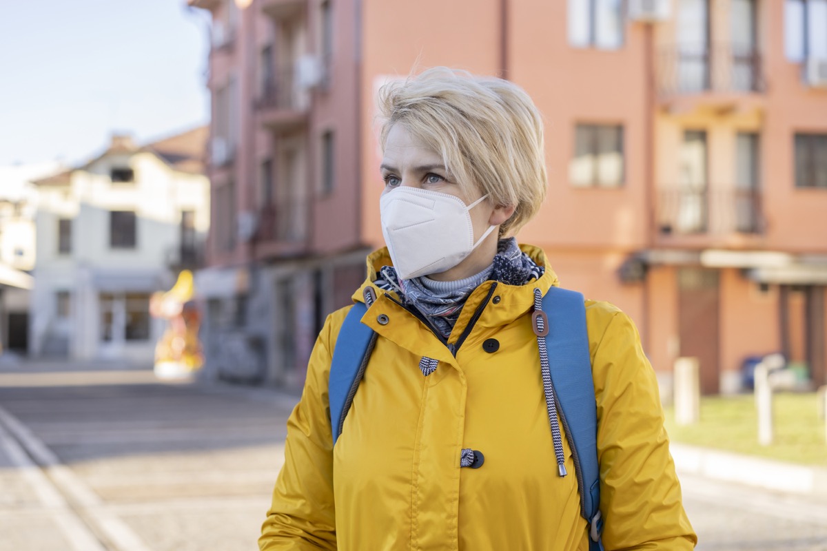 portrait of a woman wearing protective face mask in accordance with the European health guidelines FFP2/KN95