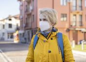 portrait of a woman wearing protective face mask in accordance with the European health guidelines FFP2/KN95