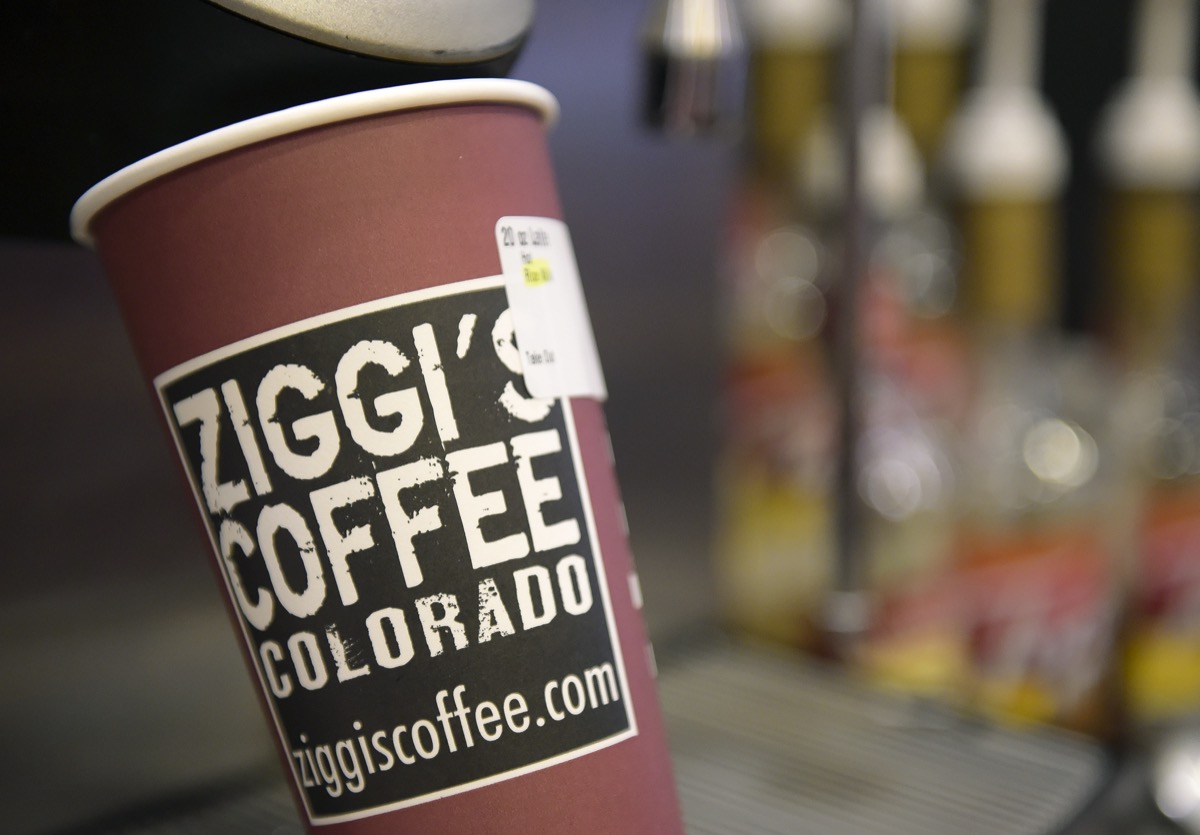 A Ziggi's Coffee Cup in front of an espresso machine