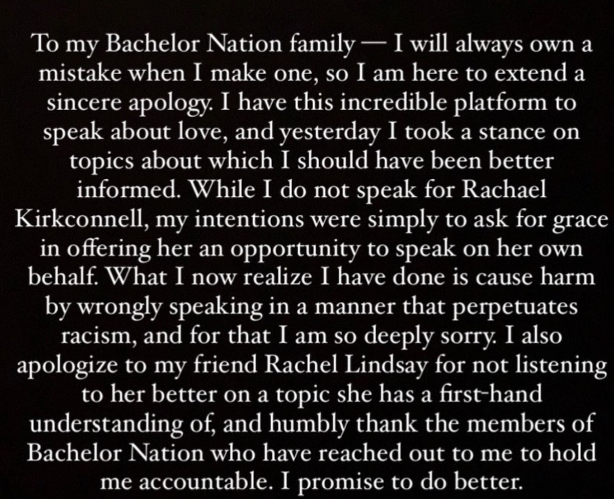 Chris Harrison issues an apology on Instagram following backlash regarding The Bachelor contestant Rachael Kirkconnell