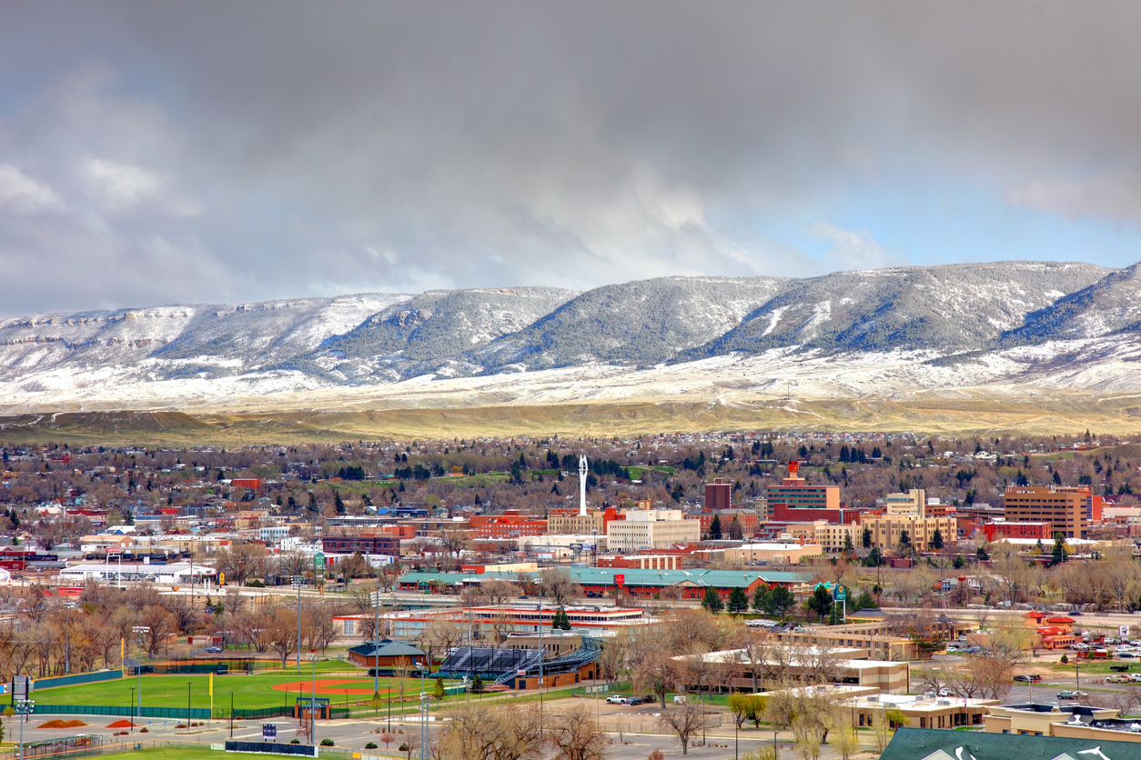 A view of Casper, Wyoming with snowy mountains in the background