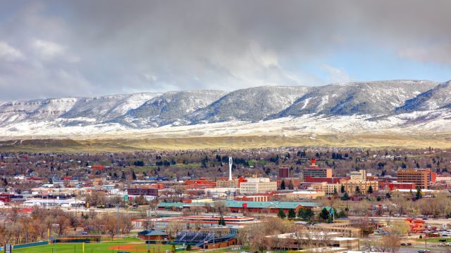 A view of Casper, Wyoming with snowy mountains in the background