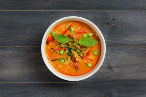 panang curry or red curry in white bowl