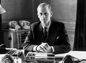 The Duke of Edinburgh at his desk in Buckingham Palace, London