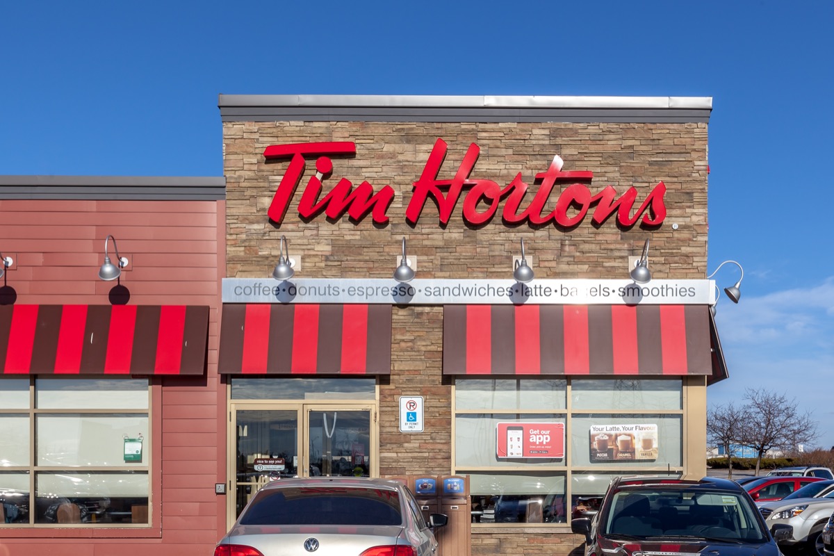 the exterior of a Tim Hortons Coffee shop in Toronto, Canada