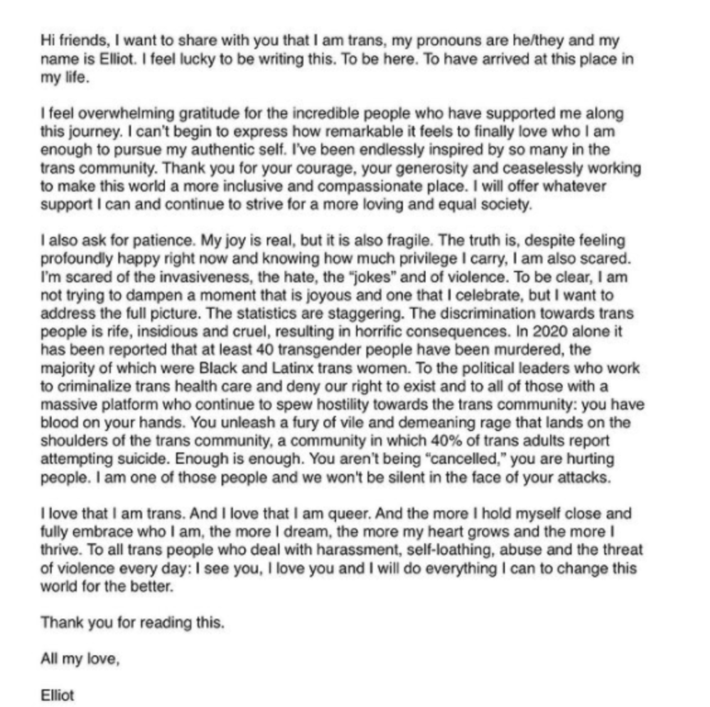 Elliot Page's coming out letter from Instagram