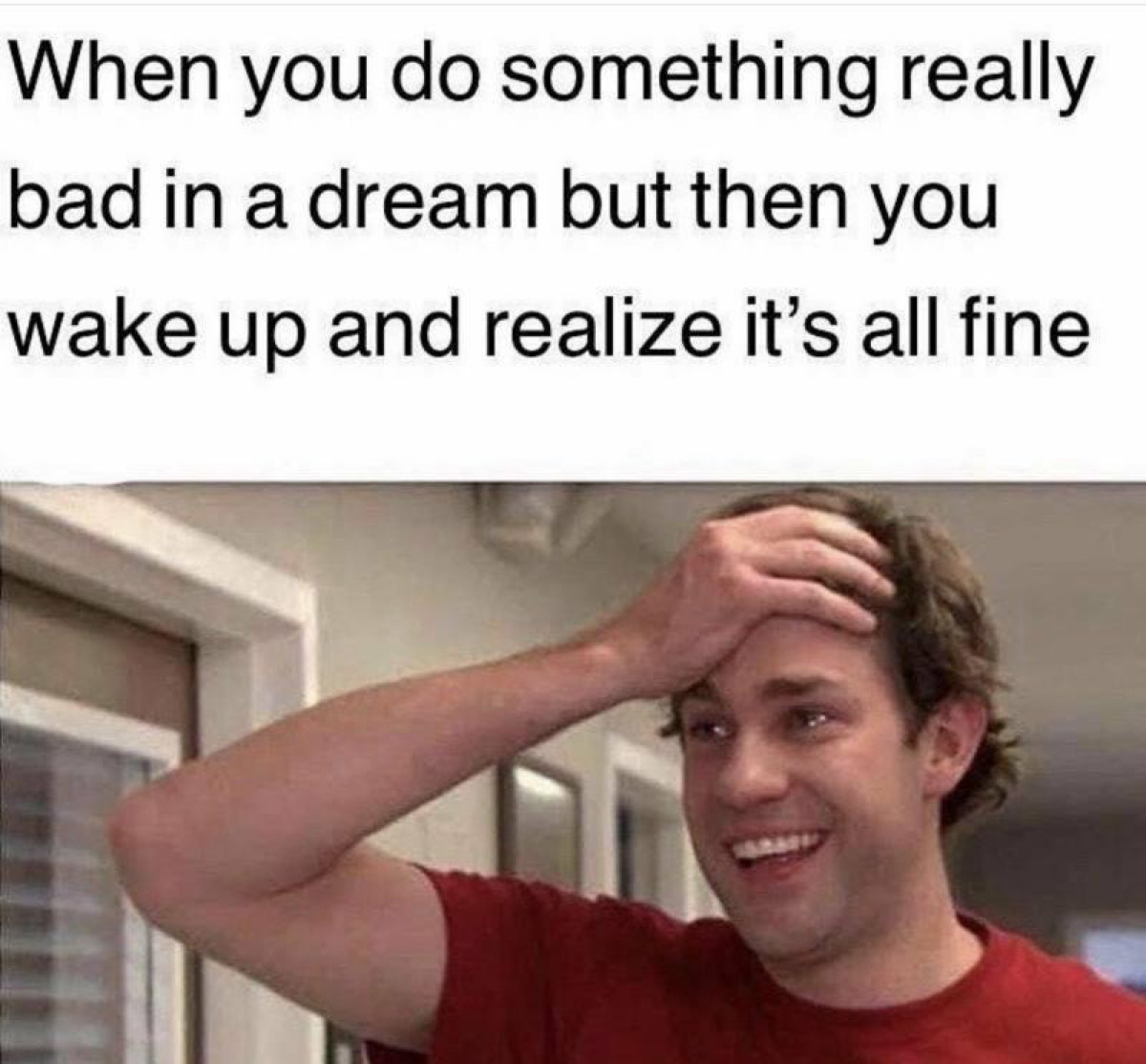 Screenshot of Jim Halpert from The Office looking happily surprised with the caption, "When you do something really bad in a dream but then you wake up and realize it's all fine."