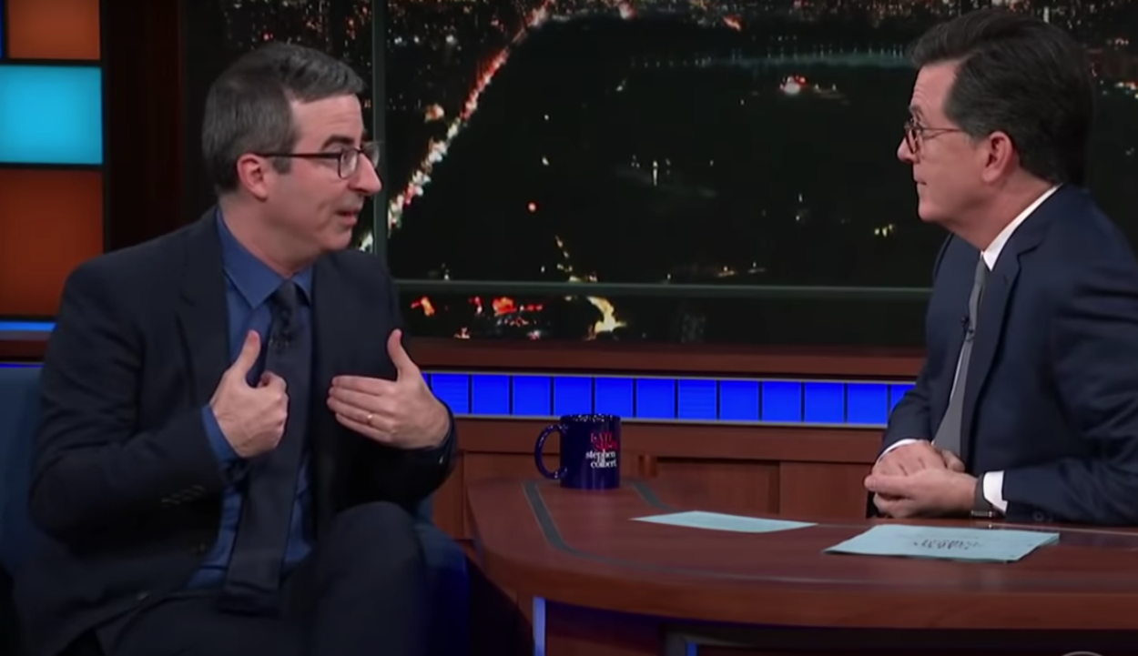 John Oliver and Stephen Colbert on "The Late Show" in February 2018