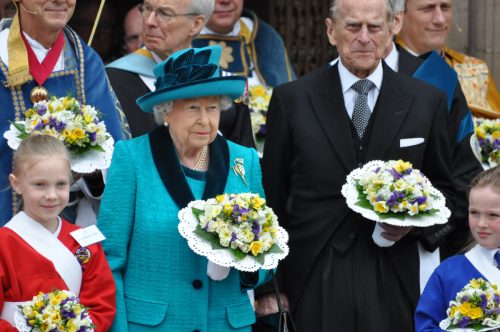 Queen Elizabeth and Prince Philip outside of Leicester Cathedral in April 2017