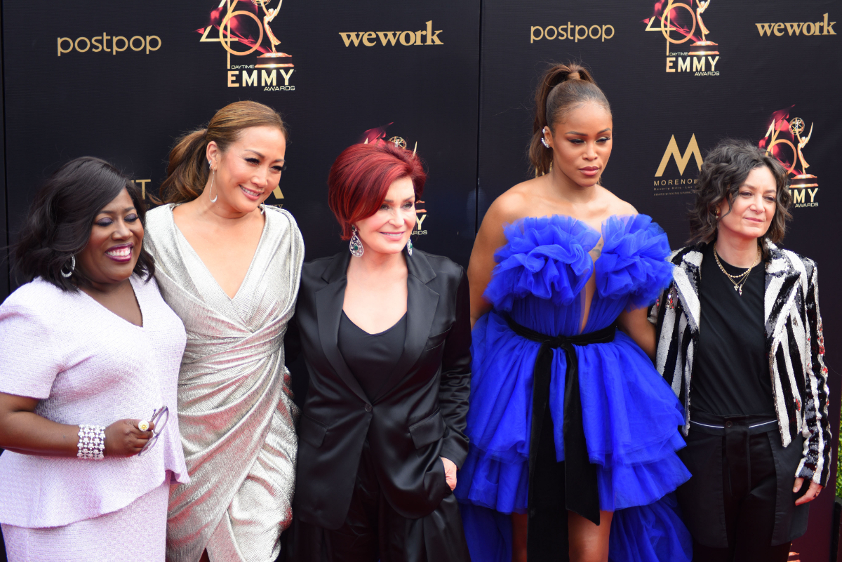 The hosts of "The Talk"--Sheryl Underwood, Carrie Ann Inaba, Sharon Osbourne, Eve, and Sara Gilbert--at the 2019 Daytime Emmys