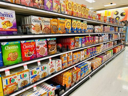 cereal aisle in grocery store