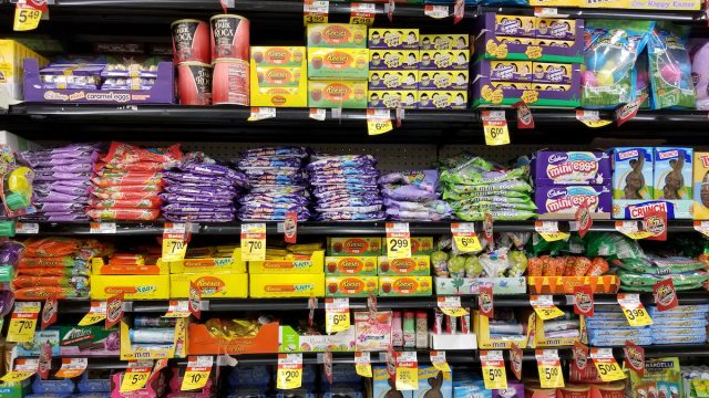 Variety of Easter candies on the shelves for sale