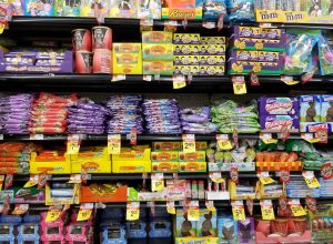 Variety of Easter candies on the shelves for sale