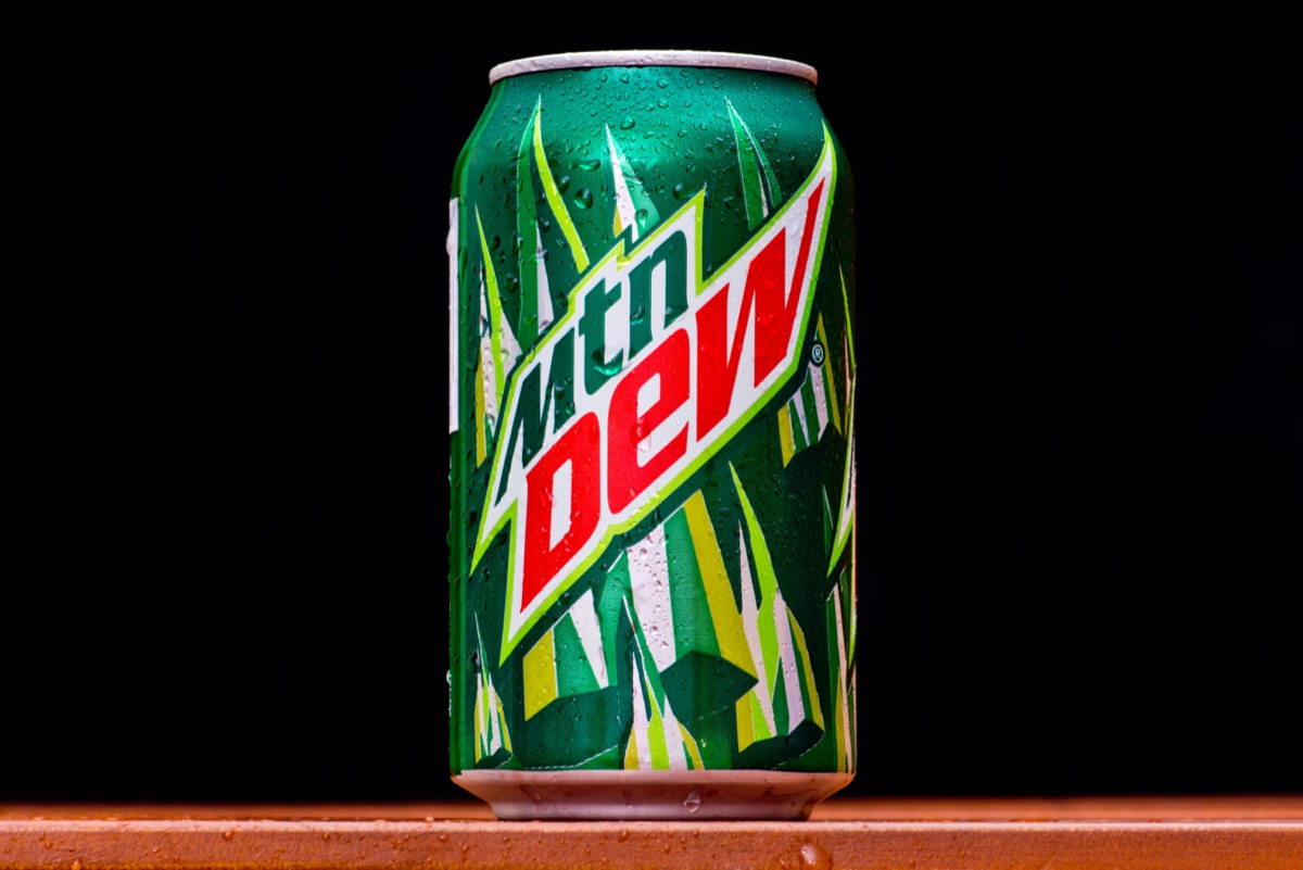 A can of Mountain Dew soda on a counter