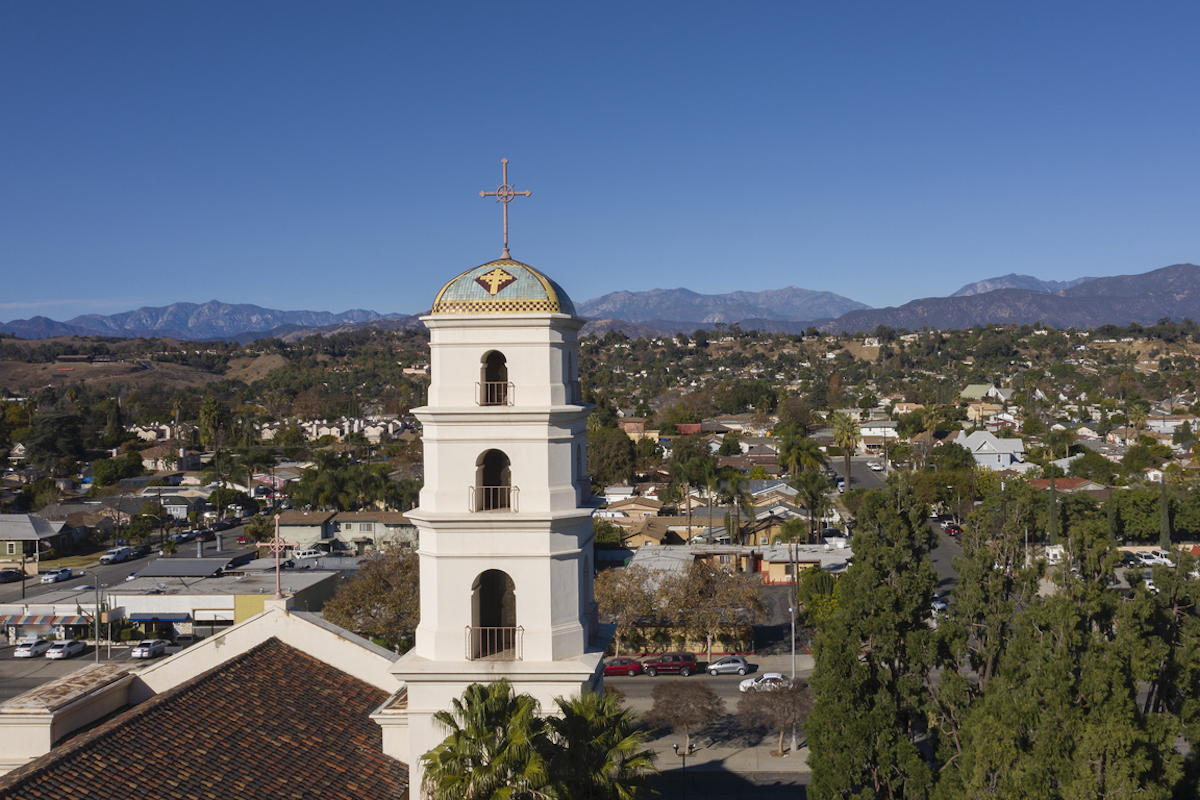 Aerial afternoon view of the historic religious center of downtown Pomona, California, USA.