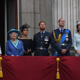 Prince Charles, Prince of Wales, Camilla, Duchess of Cornwall, Queen Elizabeth ll, Meghan, Duchess of Sussex, Prince Harry, Duke of Sussex, Prince William, Duke of Cambridge, Catherine, Duchess of Cambridge and Princess Anne, the Princess Royal stand on the balcony of Buckingham Palace to view a flypast to mark the centenary of the Royal Air Force (RAF) on July 10, 2018 in London, England.