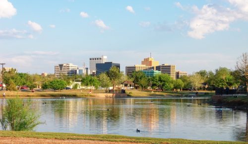 downtown midland, texas, sunny day, pond, wadley barron park