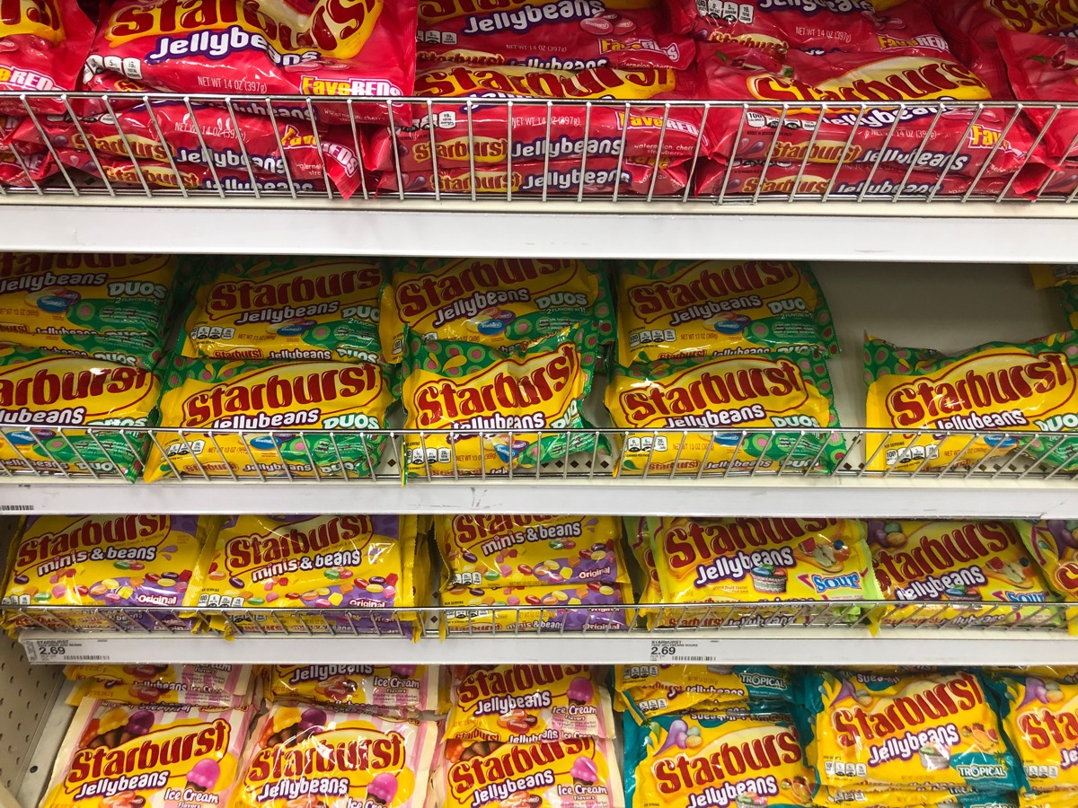 starburst jelly beans in packages on shelf, jelly beans in store