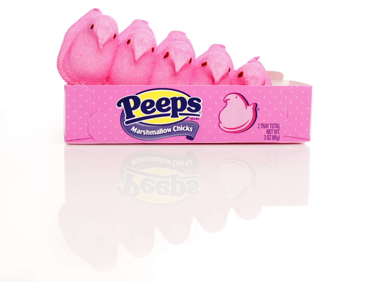 package of pink peeps, easter treat, white background
