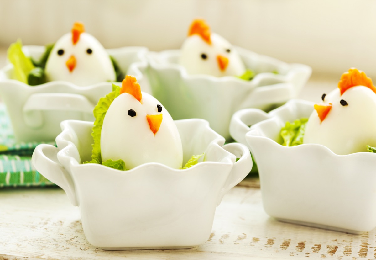 boiled easter eggs decorated like chickens