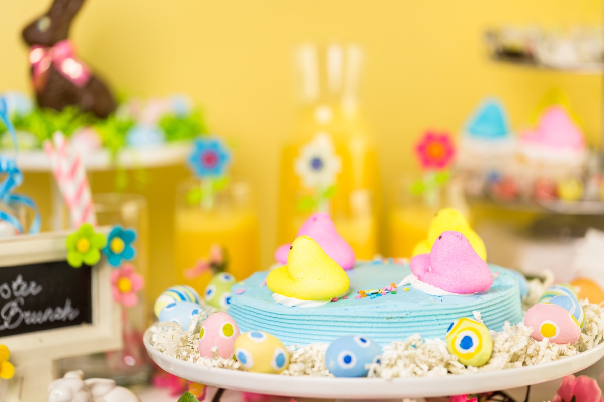 yellow, purple pees on easter cake