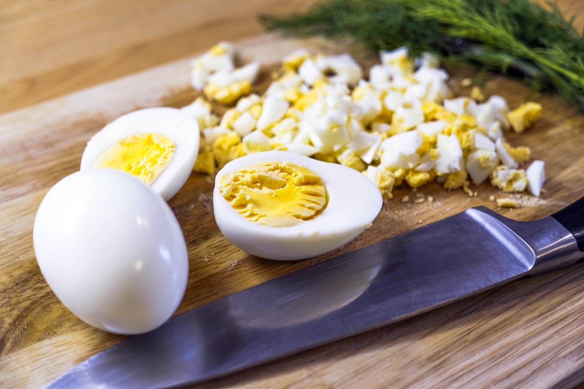 boiled easter eggs on a wooden board