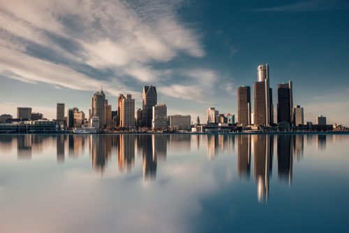 The skyline of Detroit, Michigan as seen from Lake Michigan