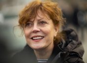 Susan Sarandon, a supporter of Democratic Presidential candidate Bernie Sanders, greets local campaign volunteers after speaking during a field office event on February 1, 2020 in Waterloo, Iowa.