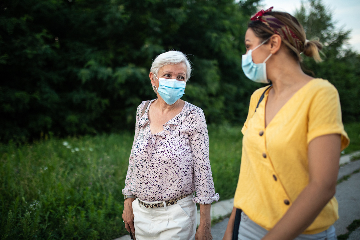 Women with protective face masks, walking down street and talking