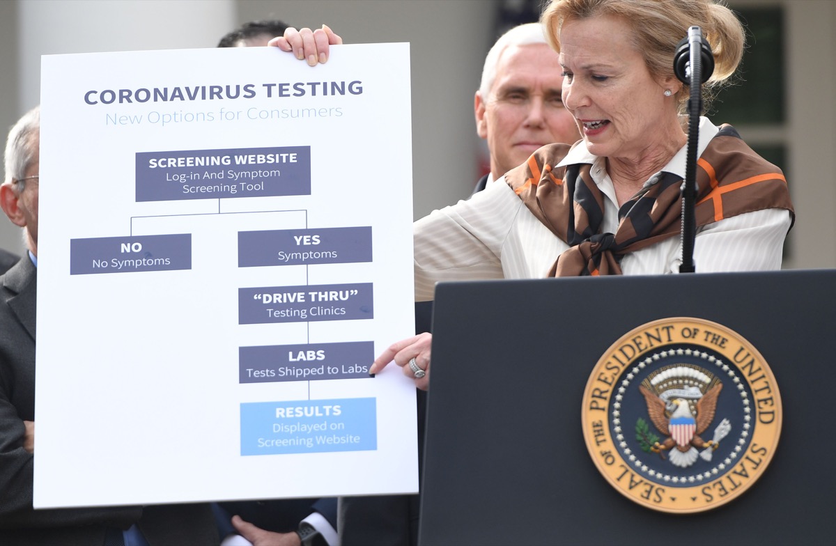 Dr. Debbie Birx, White House Coronavirus Response Coordinator speaks at a press conference on COVID-19, known as the coronavirus, in the Rose Garden of the White House in Washington, DC, March 13, 2020. - US President Donald Trump declared the novel coronavirus