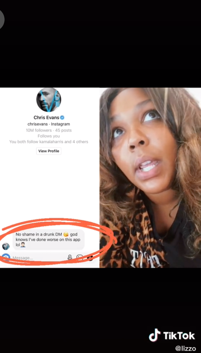 A screenshot of Chris Evans' message to Lizzo