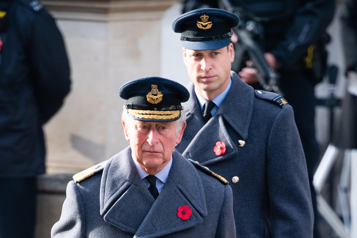 Prince Charles, Prince of Wales and Prince William, Duke of Cambridge during the National Service of Remembrance at The Cenotaph on November 08, 2020 in London, England