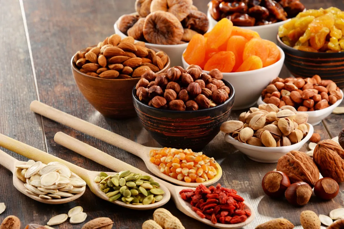Assorted nuts, seeds, and dried fruits