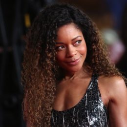 naomie harris in silver dress with her hair down on red carpet