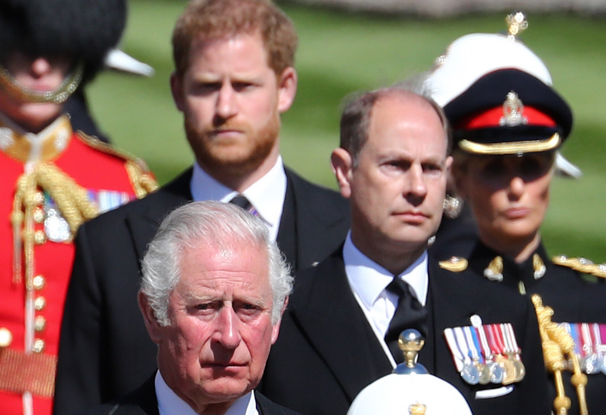 Prince Charles, Prince of Wales, Prince Harry, Duke of Sussex and Prince Edward, Earl of Wessex during the funeral of Prince Philip
